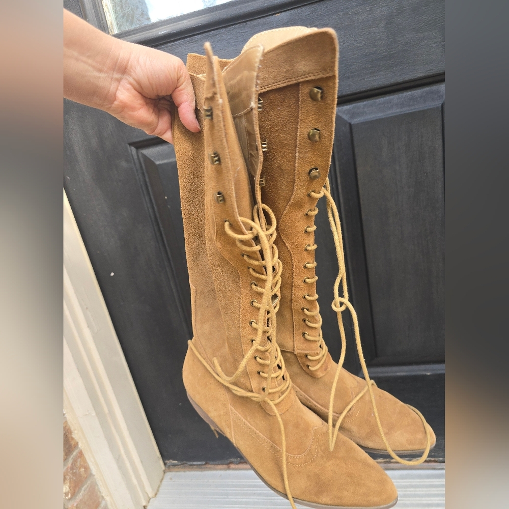 Joyfolie Women's Tan Suede Lace-Up Boots
